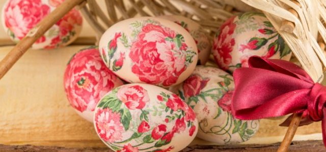 Decorated Easter eggs falling out of basket